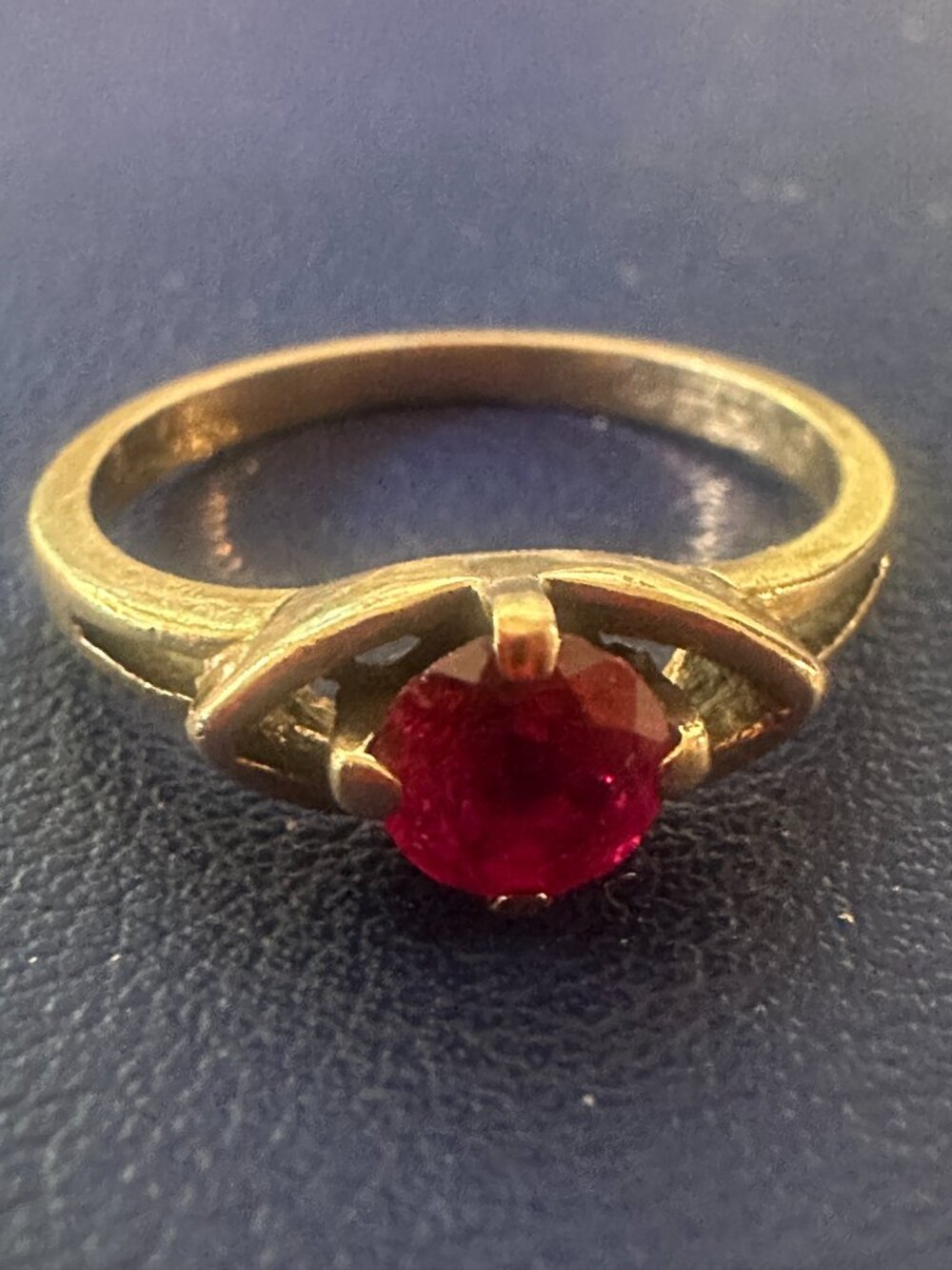 Vintage Caron Bros 10K Yellow Gold Ruby Ring — Navette Open Bezel Setting - Picture 6 of 9